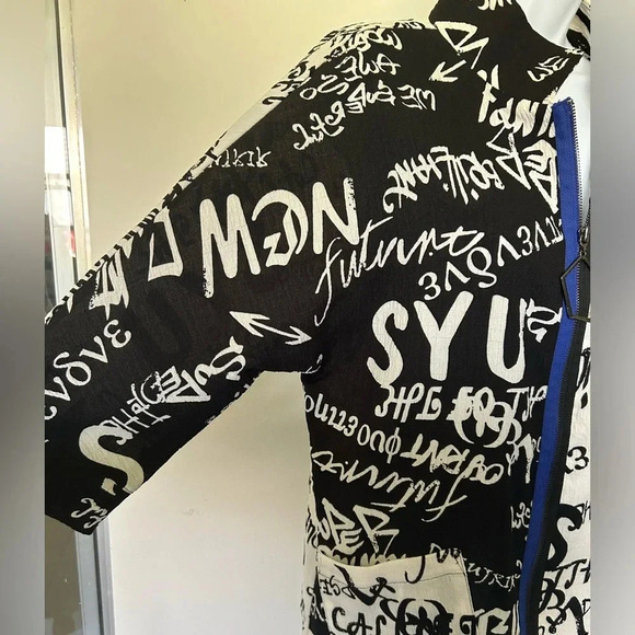 IC Connie K black white typography print front zip jacket 3/4 sleeves S - Picture 5 of 10